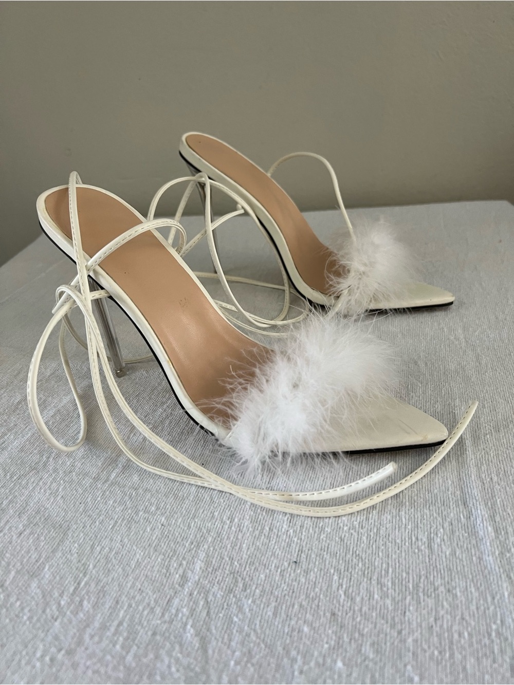 White Feather Lace Up Clear Heel Stilettos Size 40